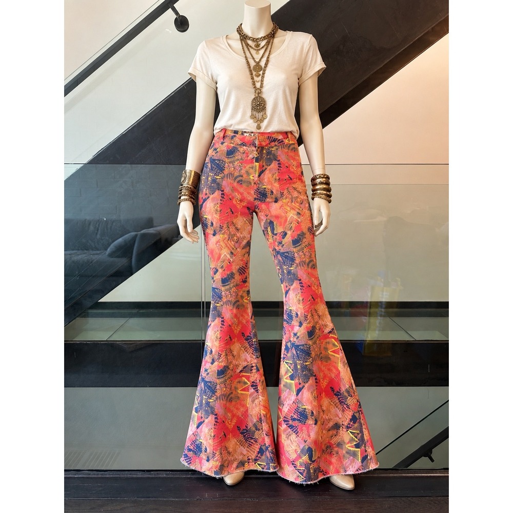 We The Free Free People Pink Orange Geometric Paisley Flare Jeans Size 25